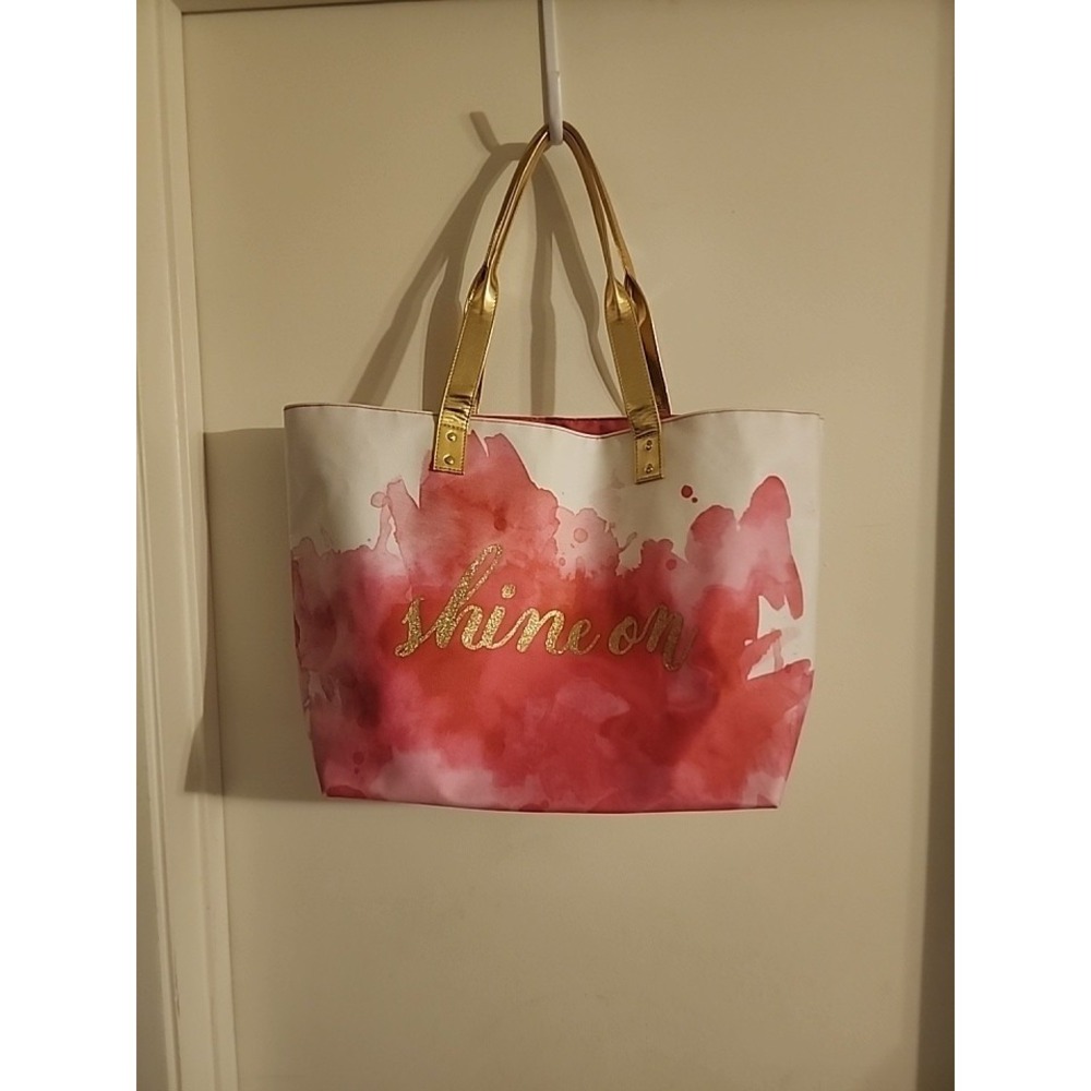 Barnes & Noble Tote "Punctuate" Pink Splash Gold Handles SHINE ON